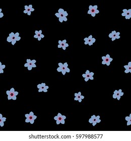 Vector little flowers on a black background. The elegant the template for fashion prints. Ditsy floral style in pink and blue colors. Cute seamless pattern in small flower.