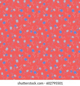 Vector little flowers seamless pattern in blue and pink colors. Floral wallpaper. Stylized flowers in ditsy style.