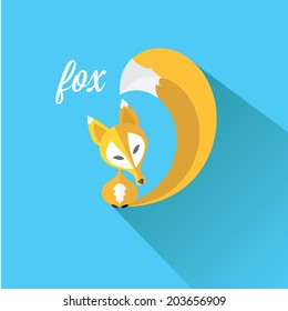 vector  little fox. fox flat icon vector illustration on blue with shadow