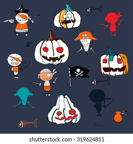 vector little funny pirates and Halloween pumpkins on white background deep blue silhouettes for holidays design