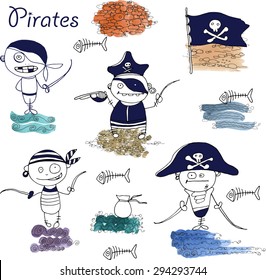 vector  little funny pirates on white background with sand and waves sea elements