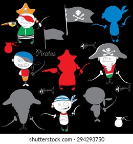 vector  little funny pirates on black background with sand and waves sea elements
