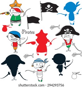 vector  little funny pirates on white background with silhouettes