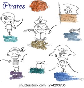 vector  little funny pirates on white background with sand and waves sea elements