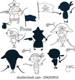 vector  little funny pirates on white background with silhouettes