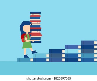 Vector of a little girl carrying a pile of textbooks while walking on the stairs made of books. 