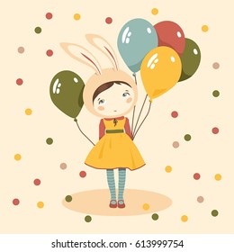 Vector little girl with colorful balloons and confetti, bunny hat and yellow dress. Ideal for children celebration cards.