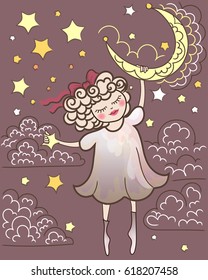 
Vector,  little girl dreams of flying for a month, where she grabbed from the sky the moon and stars