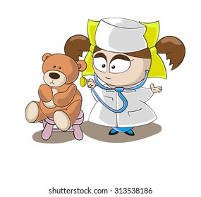 Vector. Little girl dressed in white medical gown and cap playing doctor and treats their toys from various diseases