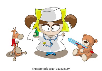 Vector. Little girl dressed in white medical gown and cap playing doctor and treats their toys from various diseases