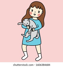 vector of little girl in light blue dress hold and hug her cat, vector illustration on pink background