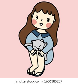 vector of little girl in light blue dress hold and hug her cat, vector illustration on pink background