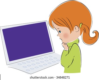 Vector little girl looking at computer
