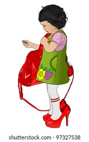 vector little girl with mothers shoes handbag and lipstick, raster version available