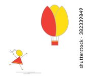 Vector - Little girl with raised hands running after the flower-shaped hot air balloon that is flying away in the sky. Flat, geometric, simple in style illustration. Egg-shaped, tulip-shaped object