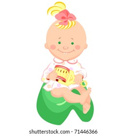 Vector little girl with a rattle in his hand, smiling, sitting on the potty