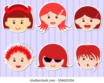 Vector of Little Girl, woman, kid, female, boy, man, male with red hair. A set of cute and colorful head icon collection on purple background