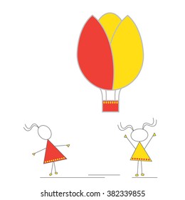 Vector -  Little girls looking, waiving at the flower-shaped hot air balloon rising in the air. One with raised hands, another looks astonished. Flat, geometric illustration. Easter, sprint, summer. 