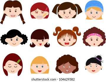 Vector of Little Girls, Woman, Kids, Female theme with different ethnics. A set of cute and colorful head icon collection isolated on white background
