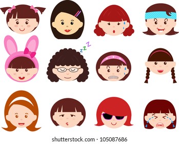 Vector of Little Girls, Woman, Kids, Female theme with different ethnics. A set of cute and colorful head icon collection isolated on white background