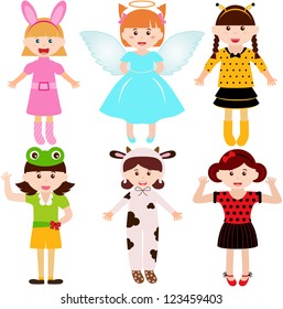 Vector of Little Girls, Woman, Kids, Female theme wearing costumes. A set of cute and colorful icon collection isolated on white background