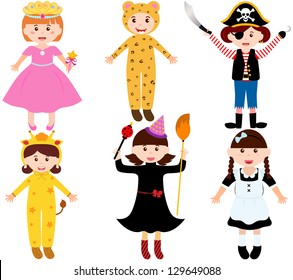 Vector of Little Girls, Woman, Kids, Female theme wearing costumes as princess, leopard, pirate, giraffe, witch, french maid. A set of cute and colorful icon collection isolated on white background