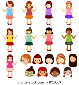 Vector of Little Girls, Woman, Kids, Female theme. A set of cute and colorful icon collection isolated on white background