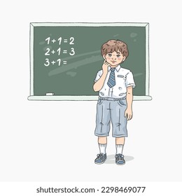 Un niño lindo, dibujado por la mano del vector, parado junto a la pizarra. Ilustración del aula infantil