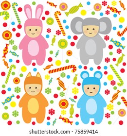 vector little happy baby set, with candy, for baby shower