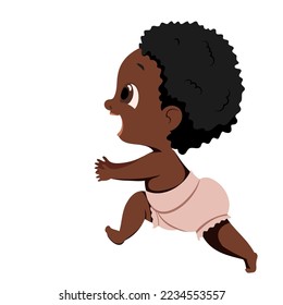 Vector little happy child runs, takes the first steps. A dark-skinned, dark-haired baby in a diaper runs towards the meeting.