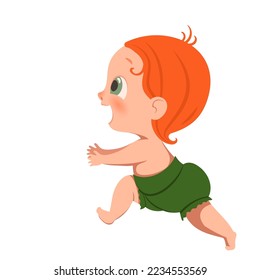 Vector little happy child runs, takes the first steps. A red-haired baby in a green diaper is moving.