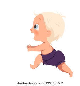 Vector little happy child runs, takes the first steps. A blue-eyed blond baby in a purple diaper runs towards the meeting.