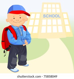 vector little happy schoolboy with a backpack on the background of the school