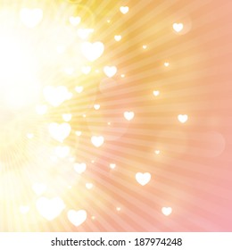 Vector little hearts floating on rays of light.
