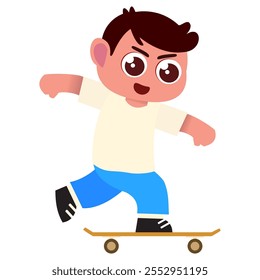 Vector of a little kid happily riding a skateboard, shown in a strong, playful stance. A simple, bold flat design with vibrant colors, perfect for themes of sports and childhood fun