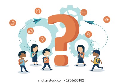 Vector of little kids students standing around a big question mark