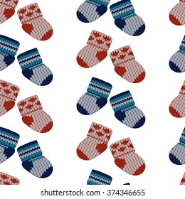 Vector little knitting  socks seamless pattern. Children theme background. Baby shower invitation card template. Good for  postcard, banner, web design. Woolen cloth illustration.