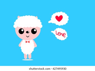 Vector Little Lamb sheep  love messages and heart-shaped blue background.