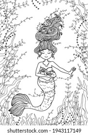 Vector little mermaid with fish, coloring page.
