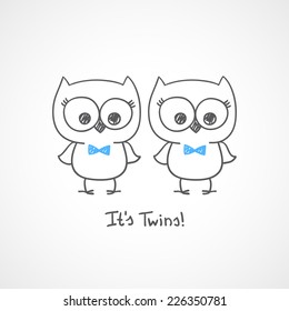 vector little owls twins, baby shower invitation template