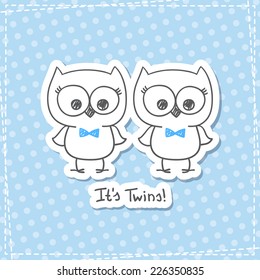 vector little owls twins, baby shower invitation template