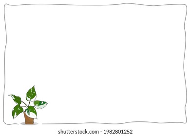 Vector - Little Philodendron White Wizard in brown pot on black line border background. Natural, Simple style. Copy space. Trendy.