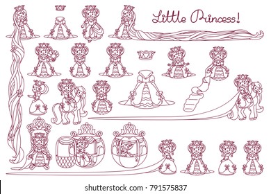 vector Little Princess line girlish concept. Cute queen collection. Sweetheart girl. Cartoon character elements. Black and white outline illustration. Graphics set isolated on transparent background.