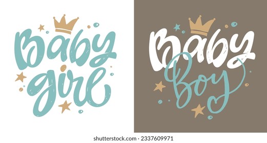 Vector of Little Princess Prince text for girls boys clothes. T-shirt design, card, banner template. Girl Boy calligraphy background. Little Girl Boy lettering typography. Baby shower