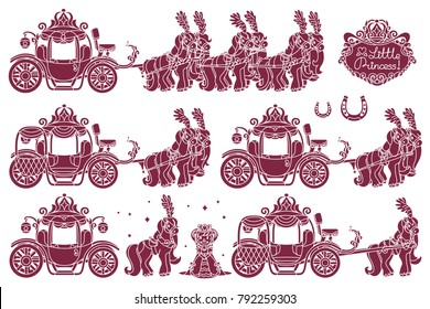 vector Little Princess silhouette girlish concept. Cute Cinderella carriage. Girl figure shape. Cartoon character elements black and white outline illustration. Line graphics set isolated background 1