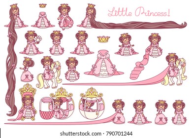 vector Little Princess trendy flat girlish concept. Cute queen collection. Sweetheart girl. Cartoon character elements. Colorful illustration. Graphics set isolated on transparent background. 06