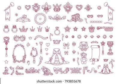 vector Little Princess trendy flat girlish concept. Cute queen girl collection. Cartoon jewelry elements black and white outline objects illustration. Line royal graphics set isolated background 