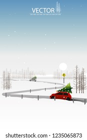 vector little red car pick up christmas tree on winter background.Winding road sign.