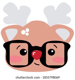 Vector of a little reindeer with glasses and a red nose. Doodle