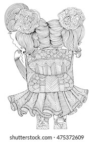 Vector little schoolgirl with a large schoolbag and a balloon in her hand goes to school. Back to School. Pattern for coloring book A4 size. Coloring book for adults. Zentangle drawing. 